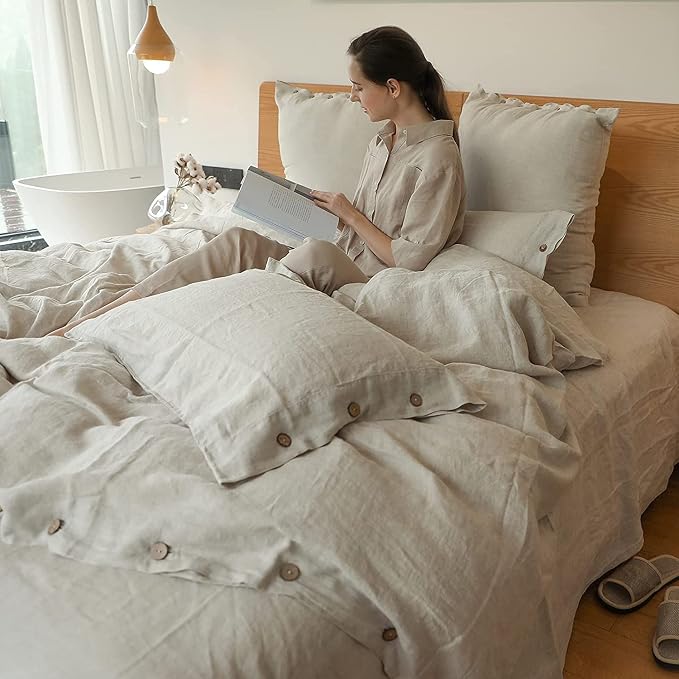 Simple&Opulence 100% Linen Duvet Cover Set 3pcs with Coconut Button Closure Natural French Washed Flax Solid Color Soft Breathable Farmhouse Bedding - Linen, California King