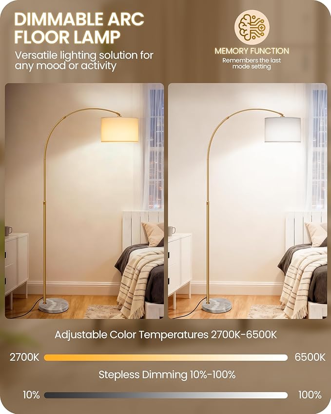 75" Arc Floor Lamp with Marble Base and Adjustable Height, Rotating Hanging Shade, Dimmable Floor Lamp for Living Room with Remote and Foot Switch, 3CCT, Over Couch Arched Light, White Gold DW15LD05