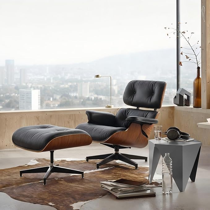 Top Black Grain Leather,Mid Century Chaise Lounge Chair and Ottoman, Reading Chair, Leather Accent Chair, Modern Chair, Classic Design, Heavy Duty Base Support for Living Room Lounge Office