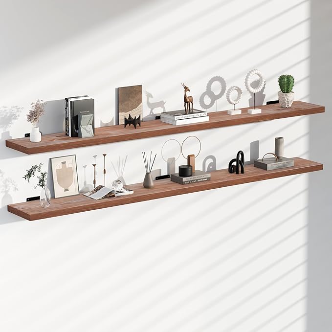 60 Inch Rustic Brown Wood Floating Shelves 2-Pack - Farmhouse Wall Shelves with 150 lbs Capacity, Easy Installation for Living Room, Kitchen, Bedroom