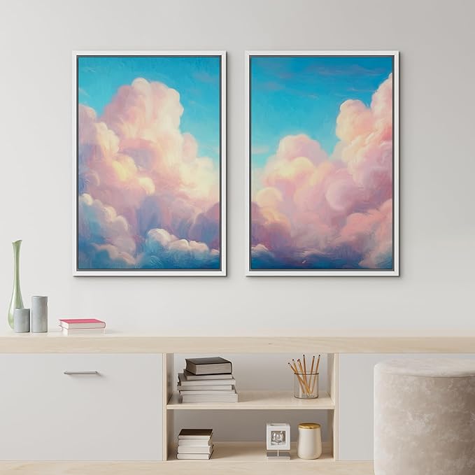 IDEA4WALL Framed Canvas Print Wall Art Set Pastel Sky Cloudscape Dreamy Pink and Blue Clouds Illustrations Modern Art Decorative Coastal Cottage Seascape for Bedroom - 16"x24"x2 WHITE