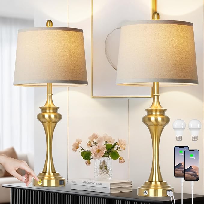 Rinweey 30" Gold Tall Table Lamps for Living Room, Touch Control Modern Bedroom Table Lamp with USB A+C Ports, 3-Way Bedside Lamps Set of 2, Elegant Metal Lamp for Night Stand Desk Side Table Office