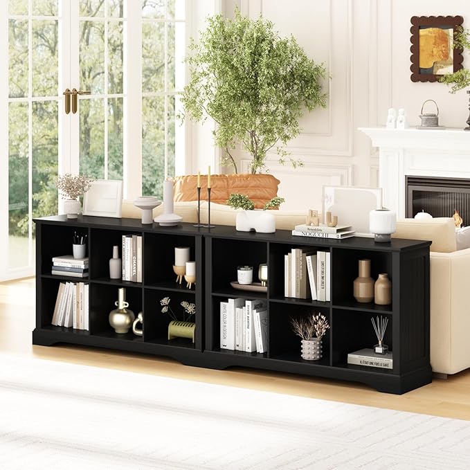 6 Cube Storage Organizer - 47.4" Farmhouse Wood Low Bookshelf, 3 Tier Horizontal Open Shelf Bookcase Cubby Storage Console Cabinet for Living Room, Entryway, Office, Black