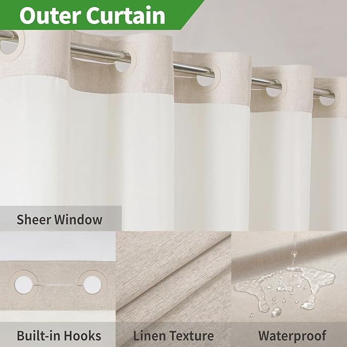 Extra Long No Hooks Needed Linen Textured Shower Curtain with Snap-in Fabric Liner Set,Cream Hotel Luxury Decor Shower Curtains for Bathroom,Waterproof & Washable,71Wx92H