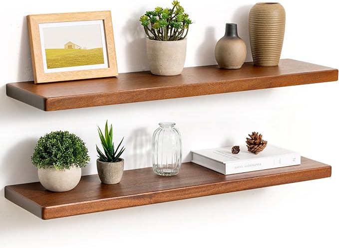 Fun Memories 30 Inch Floating Shelves, Rustic Solid Wood Wall Shelves Set of 2, 8 Inch Deep Floating Shelf for Bathroom, Bedroom, Heavy-Duty Wooden Shelf Wall-Mounted for Home Decor & Storage