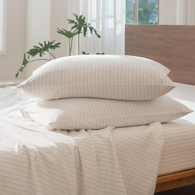 MooMee Striped Duvet Cover Set 100% Washed Cotton Linen Like Textured Breathable Durable Soft Comfy (White Almond Milk Grey Wide Stripes, Oversized Queen 98"x98")