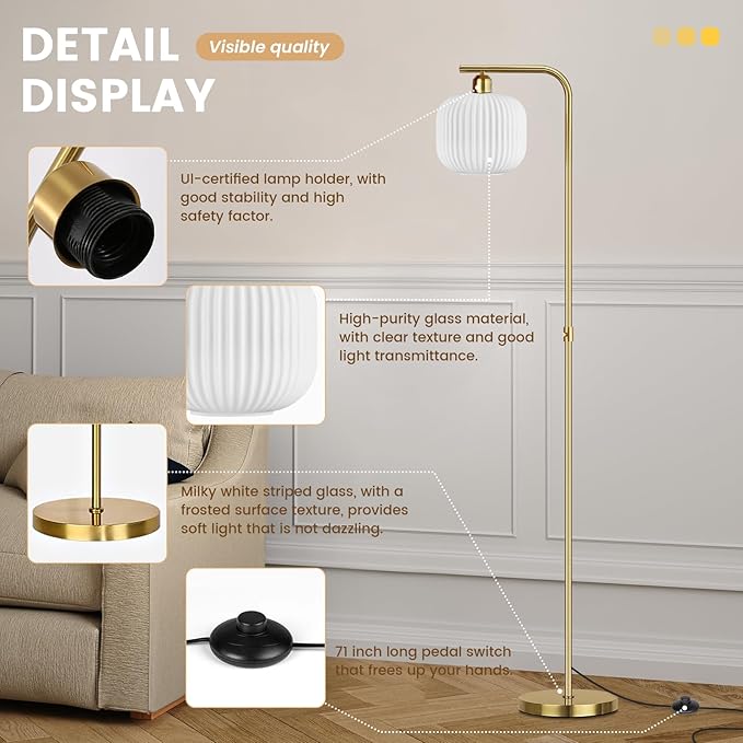 Floor Lamp for Living Room, Mid Century Modern Stadning Lamp with Cream White Glass Shade, Dimming and Pedal Switch, 67" Gold Tall Lamps for Bedroom Office Study Room