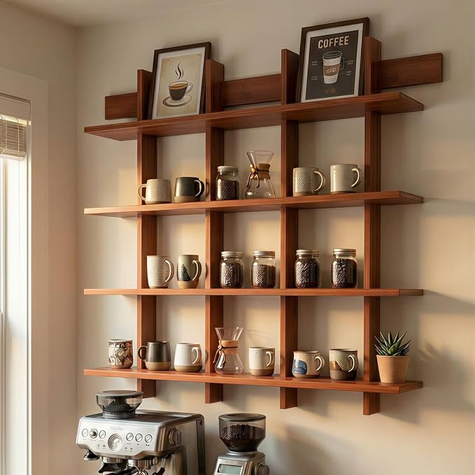 4-Tier Wall Mounted Bamboo Bookshelf, 43×52 Inch Large Floating Shelves with 600lbs Capacity, Rustic Farmhouse Heavy Duty Hanging Wall Shelf for Living Room, Coffee Bar, Book Storage, Kitchen, Brown