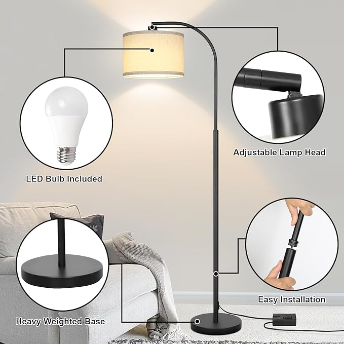 Modern Floor Lamp for Living Room, Arc Floor Lamp with Adjustable Hanging Shade, Black Light with Pedal Switch for Bedroom Study Room, 9W 3000K LED Bulb Included