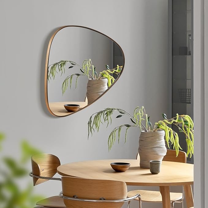 20" Metal Asymmetrical Mirror with Frame in Antique Brass Finish, Modern, Geometrical for Wall for Living Room, Bathroom, Bedroom (18"x20.5", Asymmetrical Triangular)