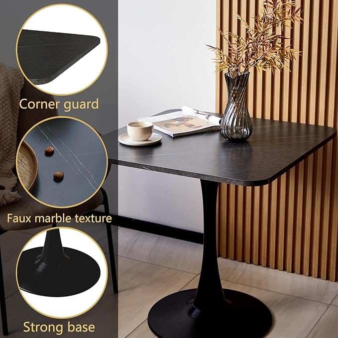 Square Modern Dinning Table 30 inches for 2-4 Bistro Tulip Table with Faux Marble top,Easy Assemble,no Wobble,Stable Sturdy Metal Frame Diameter 30in*H28.74in (Black, 30in)