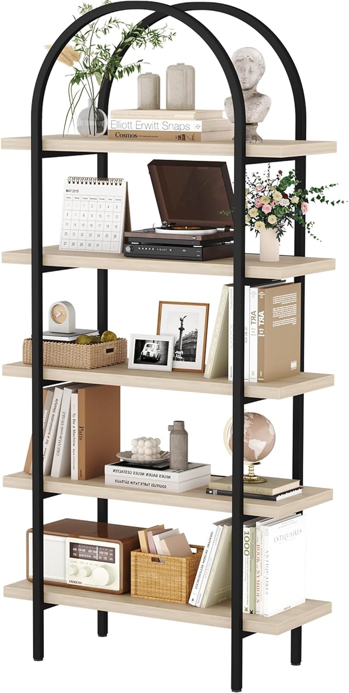 Yusong Bookshelf 5 Tier Arched Bookcase, 74" Tall Industrial Open Book Shelves for Living Room, Modern Freestanding Display Shelving Storage Rack with Metal Frame, Office, Bedroom, Natural Wood Color