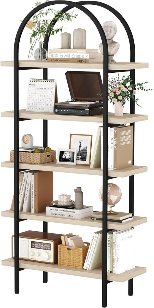 Yusong Bookshelf 5 Tier Arched Bookcase, 74" Tall Industrial Open Book Shelves for Living Room, Modern Freestanding Display Shelving Storage Rack with Metal Frame, Office, Bedroom, Natural Wood Color