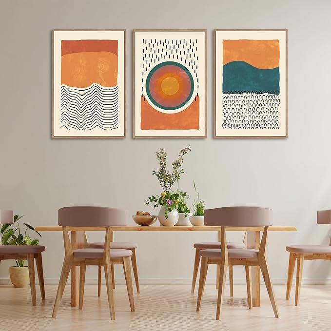 HPINUB Boho Abstract Framed Canvas Prints Wall Art Set, Mid-Century Color Block Shape Wall Decor, Minimalist Illustrations Art Photos for Living Room, Bedroom, Dining Room, Office, Bathroom-24"x36"x3