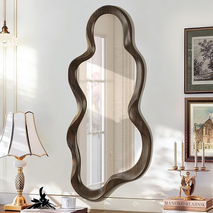 Asymmetrical Mirror Modern Wood Frame Unique Artistic Large Irregular Wall Mirrors Cute and Stylish Cloud Wavy Mirror Decorative for Cloakroom Bedroom Living Room Bathroom Entryway 30"x14"