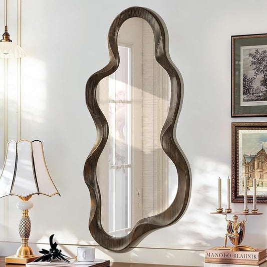 Asymmetrical Mirror Modern Wood Frame Unique Artistic Large Irregular Wall Mirrors Cute and Stylish Cloud Wavy Mirror Decorative for Cloakroom Bedroom Living Room Bathroom Entryway 30"x14"