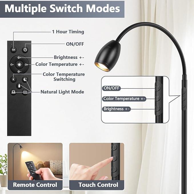 Reading Floor Lamp 10W High Wattage, 72" Tall LED Lamp with Gooseneck, Dimmable Zoomable Spotlight, Adjustable Color Beam Standing Lamp, Touch & Remote Control, Task Craft Living Room, Matte Black