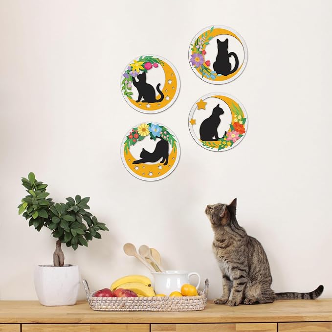 TOARTi 4PCS Boho Cat Moon Wall Decor,Colorful Floral Cats Wooden Wall Art,Black Cats Flower Hanging Sign,Farmhouse Minimalist Geometric Botanical Kitten Artwork for Bedroom Home,Cat Lovers Gifts