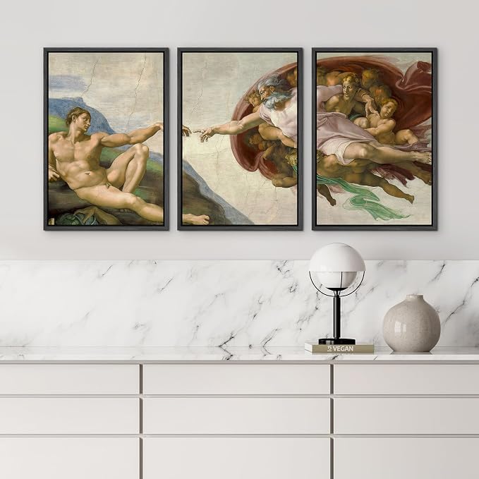 wall26 Framed Canvas Print Wall Art Set Creation of Adam by Michelangelo Cultural Historic Oil Painting Fine Art Reproduction Scenic Colorful for Living Room, Bedroom, Office - 24"x36"x3 Black