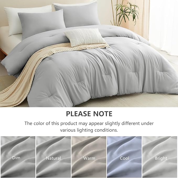 CozyLux King Size Comforter Set Light Grey, 3 Pieces Lightweight Down Alternative Quilted Bedding Sets, Gray All Season Soft Breathable Solid Comforter with 2 Pillowcases, Luxury Bed Set Gift for Home