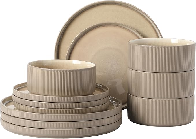 Gibson Elite Redrock Canyon 12-Piece New Bone China Dinnerware Set Service for 4, Reactive Glaze Plates and Bowls, Dishwasher and Microwave Safe, Taupe