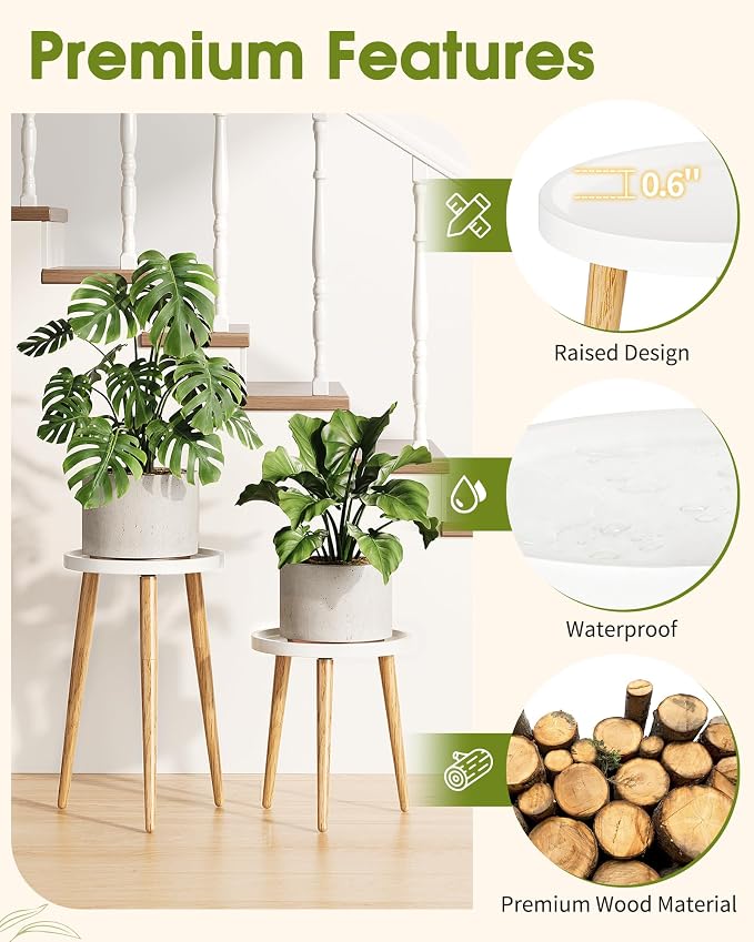 Plant Stand Indoor, Wood Mid Century Indoor Plant Stand, Tall Plant Stands for Flower Pot, Modern Round Plant Table, Small Side End Table with Raised Design, 1 Pack, White, 11.7''x18.8''