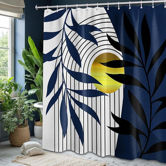 Boho Navy Blue Shower Curtain, Mid Century Modern Blue Shower Curtains for Bathroom Decor Set, Waterproof Fabric with Hooks, 70" W x 72" L