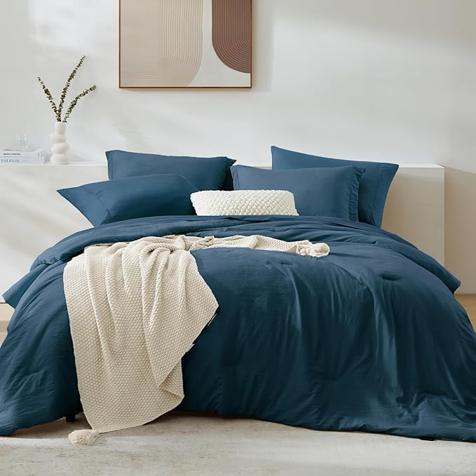 WRENSONGE King Size Comforter Set- 7 Pieces Soft Serenity Blue Bed in a Bag King with Fitted Sheet, Flat Sheet, 2 Pillow Shams, and 2 Pillowcases-Warm King Bedding Set for All Season