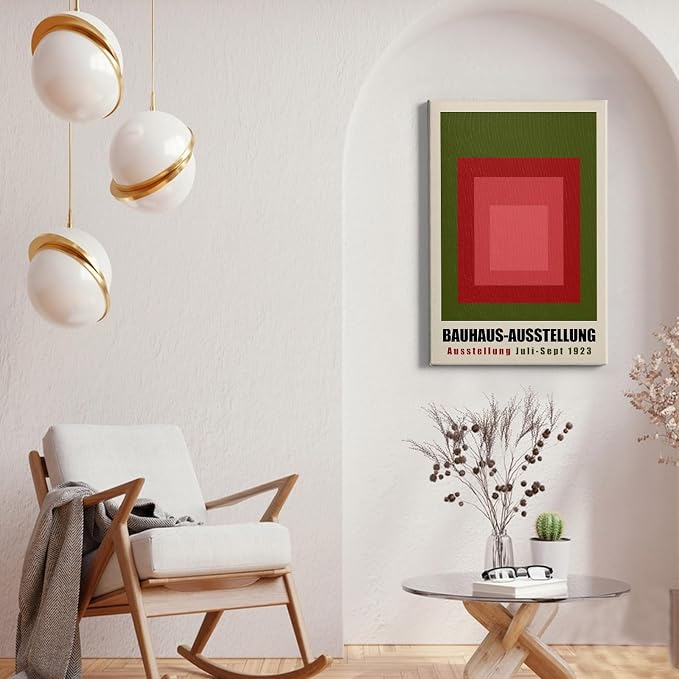Green Bauhaus Wall Art Color Block Artwork Abstract Geometric Prints Boho Geometric Wall Art Bauhaus Exhibition 1923 Poster Mid Century Modern Painting Red and Green Picture 16x24inch Wood Framed