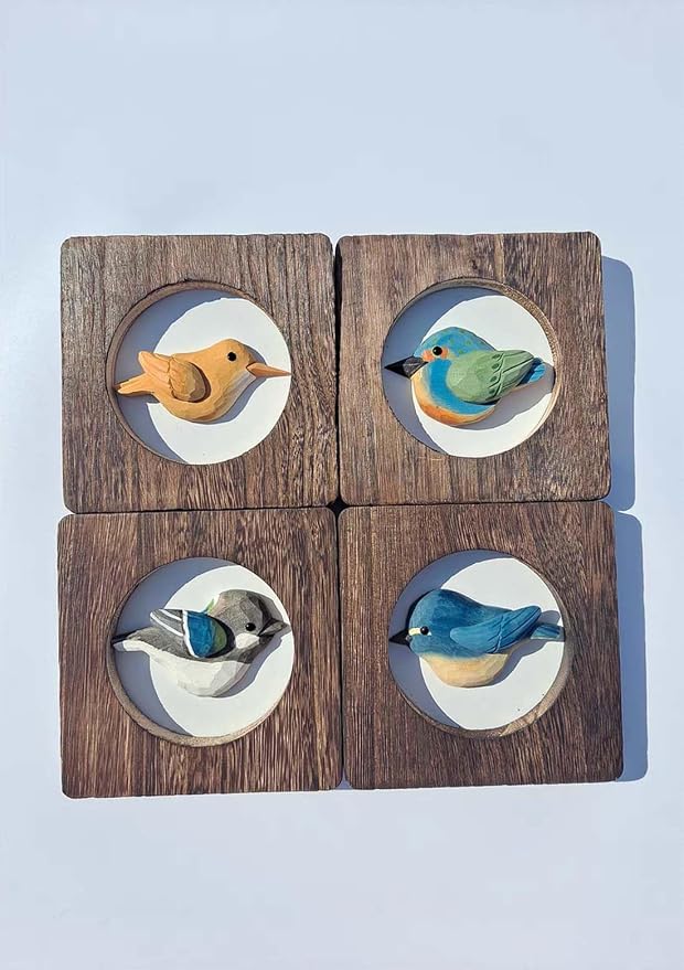 Wood Bird Sculpture with Frame, Cute Hand Carved Bird Wall Art Bird Wall Decor Wooden Wall Decor Desk Table Ornament Office Home Décor Bird Gift (Grey)