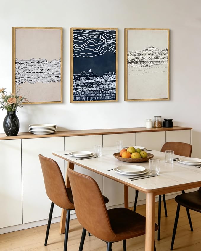 KUVIOKE Navy Blue Abstract Framed Wall Art Modern Neutral Minimalist Wooden Pastel Boho Wall Decor Farmhouse Rustic Art Painting Home Decor 24x36in (Natural Framed)