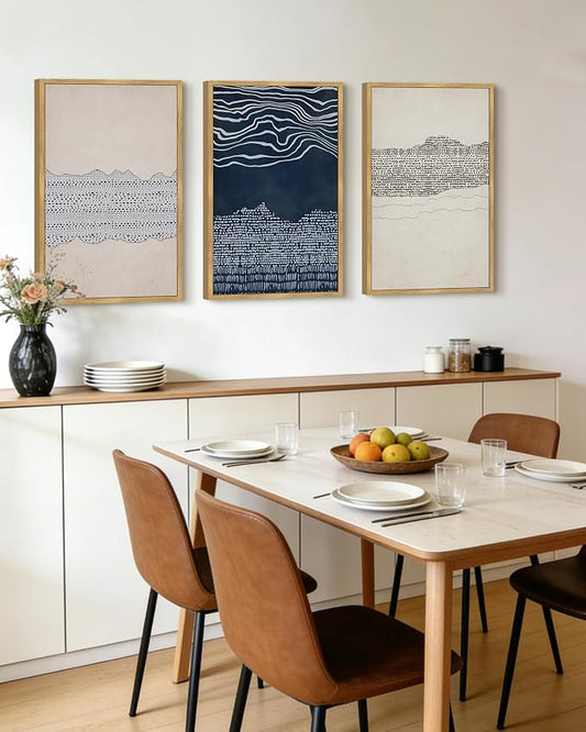 KUVIOKE Navy Blue Abstract Framed Wall Art Modern Neutral Minimalist Wooden Pastel Boho Wall Decor Farmhouse Rustic Art Painting Home Decor 24x36in (Natural Framed)