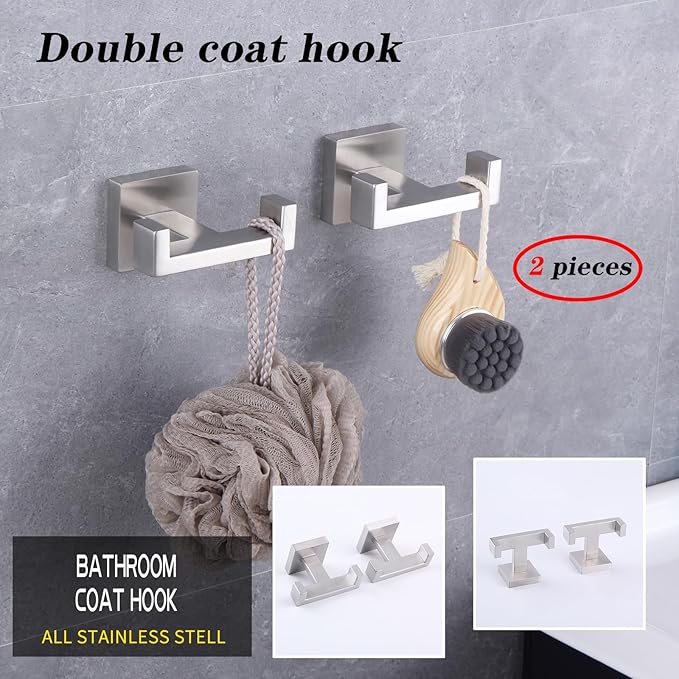 GERZWY Brushed Stainless Steel Coat/Robe Clothes Hook for Bath Kitchen Modern Hotel Style, Bathroom Double Towel Hook Wall Mounted 2 Pack AG1417B-LS