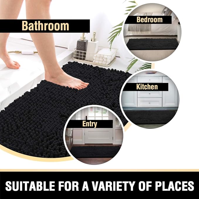 H.VERSAILTEX Bathroom Rugs Bath Mats Non Slip Luxury Chenille Bathroom Runner Rug 24x47 Extra Soft and Absorbent Shaggy Rugs Dry Fast Plush Area Carpet Mats for Bath Room, Tub - Black