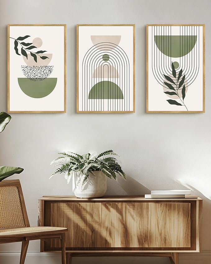 Drsoum Green Botanical Boho Wall Art Framed Modern Sage Bohemian Plant Wall Decor Abstract Geometry Lines Prints Ready to Hang 16x24in Natural Framed