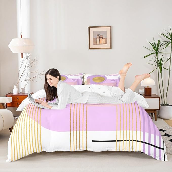 Erosebridal Purple and White Abstract Boho Duvet Cover Toddler Size Minimalist Aesthetic Neutral Comforter Cover Mid Century Modern Bedding Set Botanical Leaves Geometric Bed Set