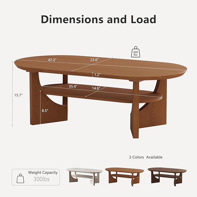 Mid Century Modern Coffee Table, 47" Oval Wood Coffee Tables for Living Room, 2 Tier Curved Round Center Table with Storage Shelf & Sturdy Base, Minimalist Retro Tea Tables, Cherry
