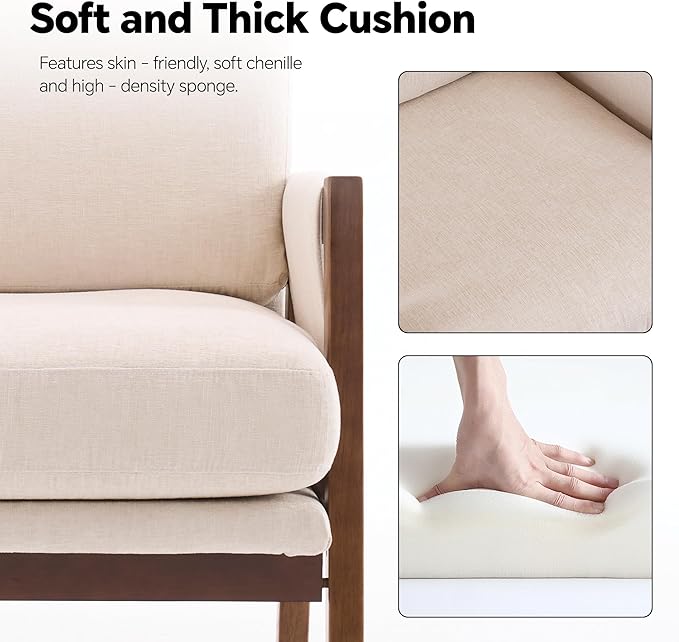 Mid Century Modern Accent Chairs Set of 2 with Solid Wood Frame, Upholstered Living Room Chairs with Wide Armrest, Chenille Fabric Comfy Arm Chair for Bedroom, Reading Room, Balcony, Beige