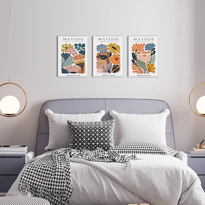 BingruiArt Matisse Wall Art Canvas Colorful Boho Flower Poster Abstract Pictures Set of 3 Minimalist Plant Leaves Painting Prints Decor Aesthetic for Living Room Bedroom Dorm 12"x16" Framed