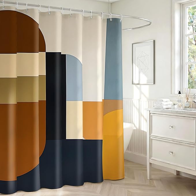 Brown Mid Century Shower Curtain, Abstract Geometric Modern Pattern, Navy Blue and Yellow Boho Bathroom Decor, Retro Art Waterproof Fabric Bath with Hooks, 180x70 Inch