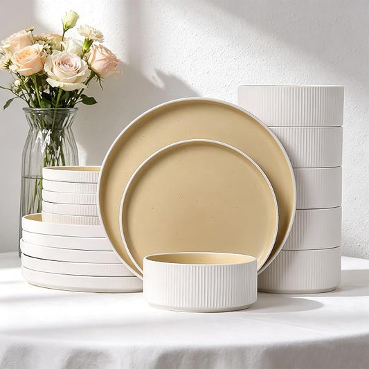 MONITO Ceramic Dinnerware Sets for 6, 18PCS Stoneware Plates and Bowls Sets, Reactive Glaze Dish Set, Chip and Scratch Resistant Double, Microwave and Dishwasher Safe, White Orange