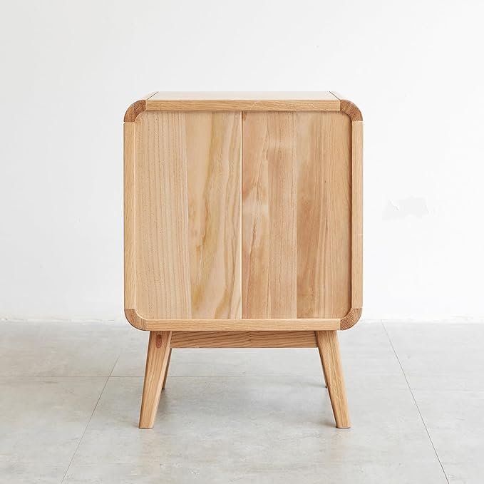 Mid-Century Modern Solid Oak Nightstand, 2-Drawer Bedside Table with Open Storage, Wooden Bedroom End Table (Natural Oak, 16.53”x13.78”x23.22”)