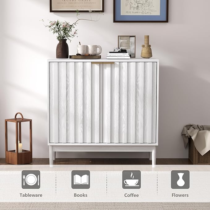 Fluted Cabinet with Storage, Buffet Cabinet Sideboard with Door, Kitchen Buffet Storage Accent Cabinets with Adjustable Shelves for Living Room, Entry, Hallway, White