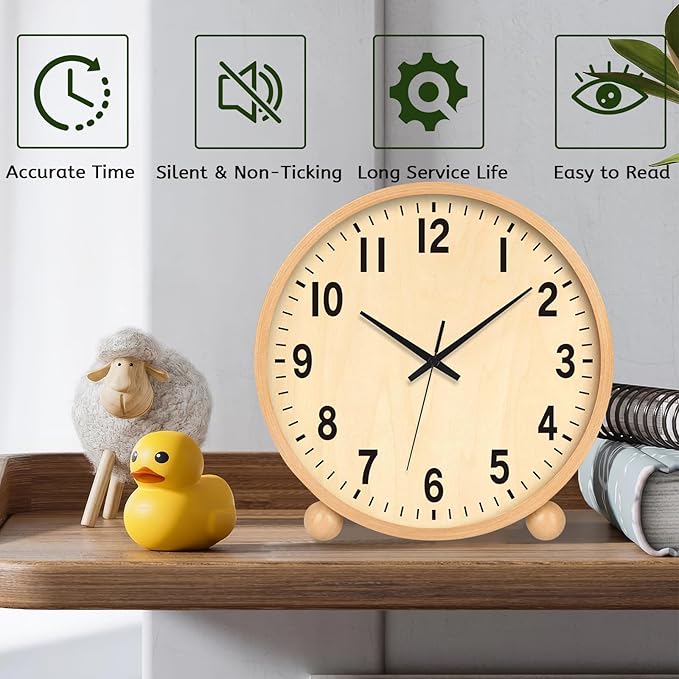Maxspace Wooden Table Clock,8in Silent Non-Ticking Desk Clock,Battery Operated Desktop Analog Clock for Living Room Bedroom Kitchen Office Classroom Decor (Log)