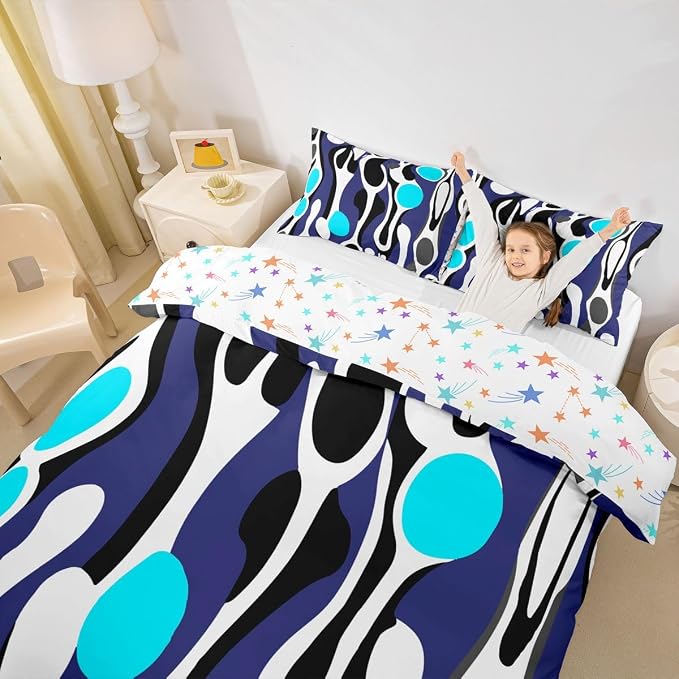 Erosebridal Organic Abstract Duvet Cover Set Modern Contemporary Queen Bedding Set for Little Boys Boho Mid Century Wavy Lines Comforter Cover Retro Geometric Bed Sets,Dark Blue Cyan