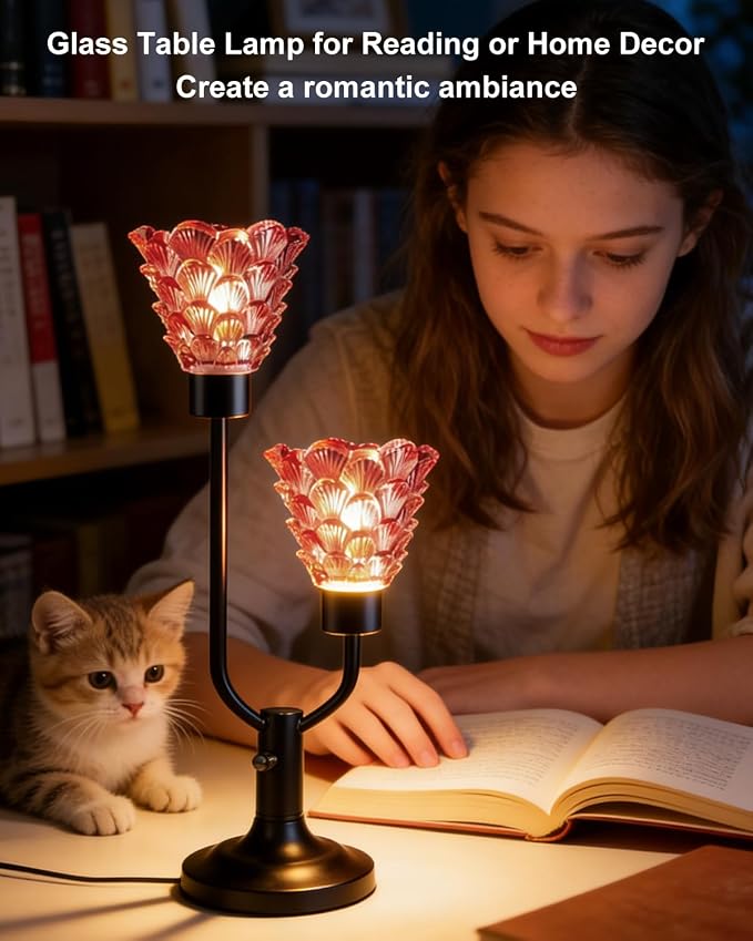 Lightdot Mid Century Modern Table Lamp Dimmable Red Glass Desk Lamp Vintage Black Nightstand Lamp 2 Bulbs Included Warmwhite Ambient Bedside Lamps for Living Room Bedroom Girls Room Home Office Decor