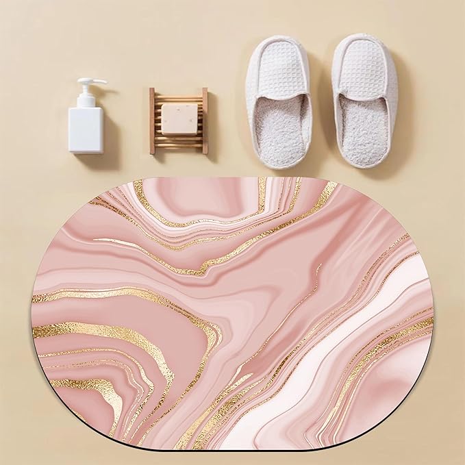 Bathroom Rug Mat Abstract Pink Golden Marble Oval Bath Mat Doormat Absorbent Quick Dry Non Slip Diatom Mud Mat for Shower Tub Sink Laundry Kitchen Doorway 23.6x15.7 Inches