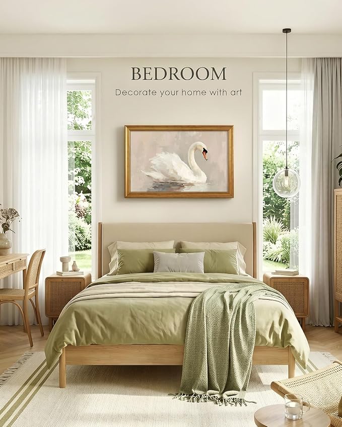 HUARCEY Gold Framed Vintage Wall Art for Living Room, Animals Painting Prints Shelf Decor for Kitchen, Aesthetic Bedroom Wall Art, Best Gifts for Friends or Family - Swan White 36L x 24W