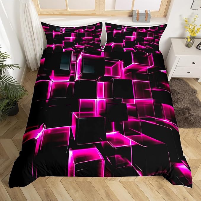 Erosebridal Honeycomb Square Duvet Cover for Kids Girls 3D Geometric Square Bedding Queen, Pink Black Neon Lights Bedding Sets, Gradient Print Bed Cover with 2 Pillow Cases