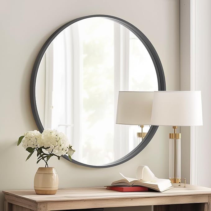 HOMECOOKIN Black Round Mirror Wood Framed 28 inch Circle Wall Mirror for Bathroom Round Wall Mirror for Wall Decor, Vanity, Living Room